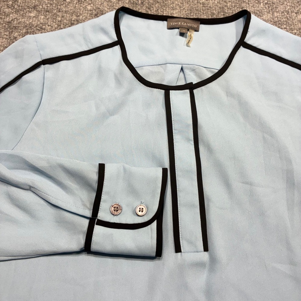 Vince Camuto Women's Light Blue Long Sleeve Blouse W/Black Trim Pipping Sz.Small